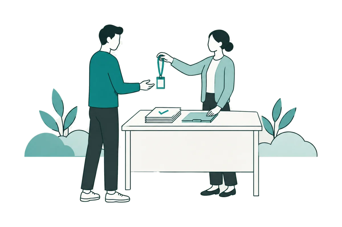 A colleague hands the new engineer his badge at a desk with signed papers.