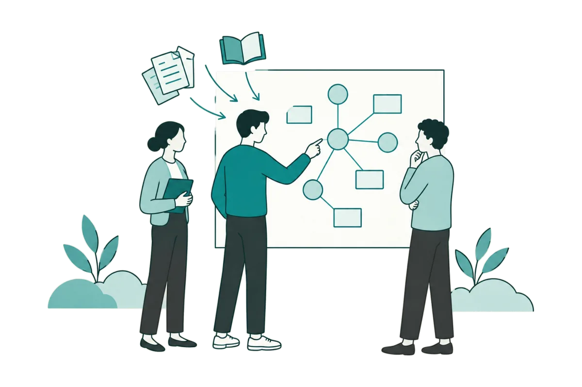Three teammates at a whiteboard showing a connected knowledge graph.