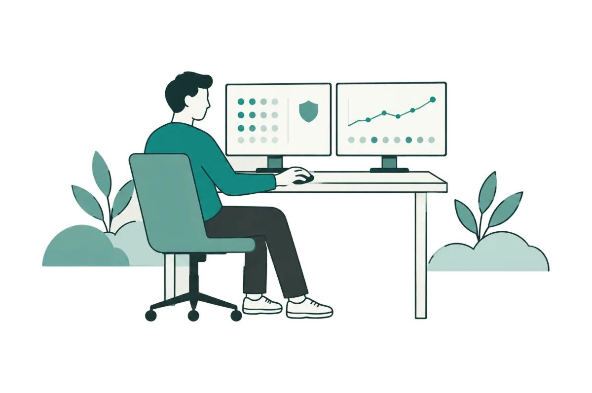 The engineer works calmly at two monitors showing healthy status.
