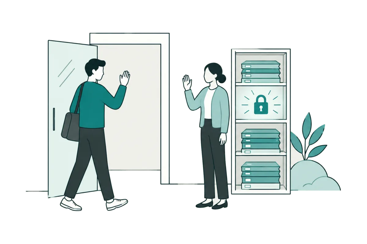 The engineer waves goodbye while a colleague stands by preserved, locked knowledge.